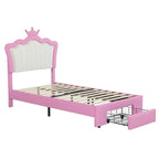 Letto Imbottito Singolo con Luci LED, Letto Imbottito Moderno da Principessa con Testiera a Corona, un Cassetto, Rosa+Bianco