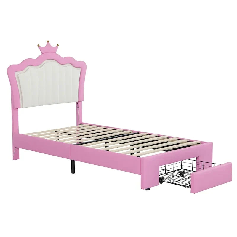 Letto Imbottito Singolo con Luci LED, Letto Imbottito Moderno da Principessa con Testiera a Corona, un Cassetto, Rosa+Bianco