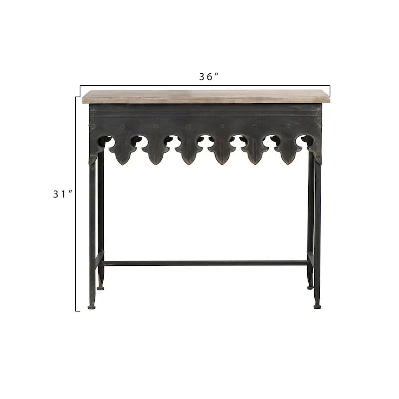 Tavolino da divano con bordo smerlato in metallo con finitura zincata e legno