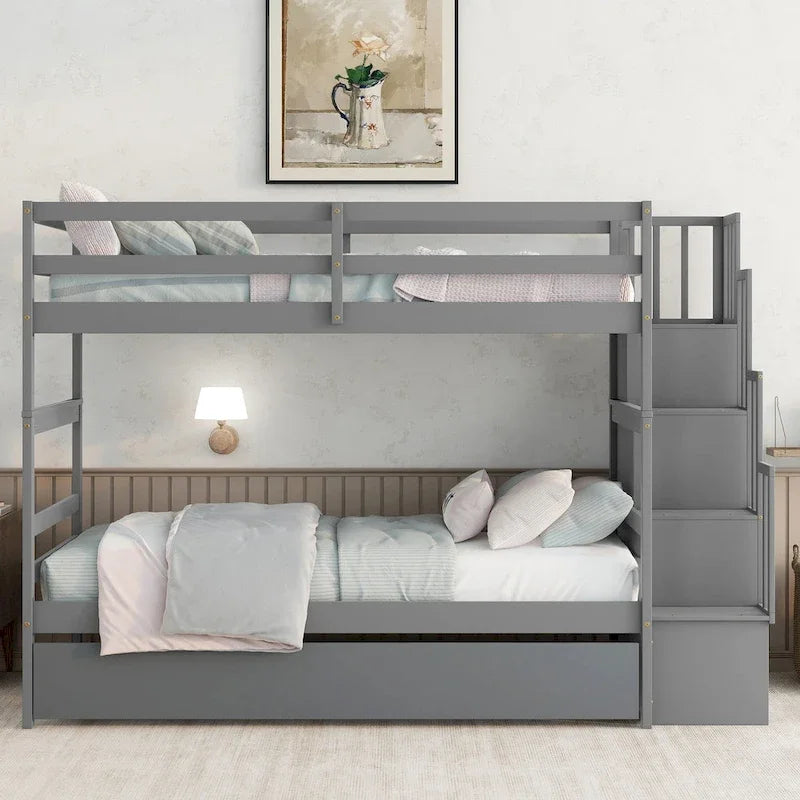 Letti a Castello Gemelli con Letto Estraibile e Scala con Contenitore Colore Grigio