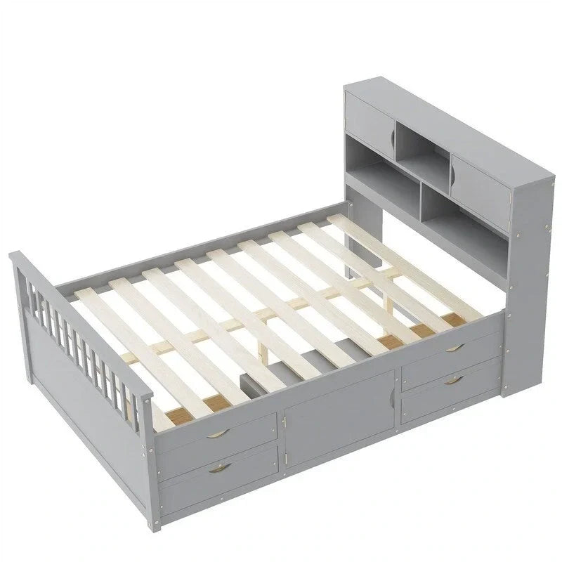 Letto a piattaforma Twin/Full Size Captain con 4 cassetti e mensole portaoggetti, struttura letto in legno massello con testiera libreria contenitore
