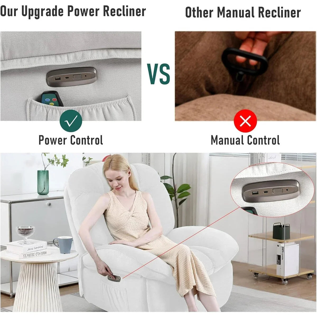 Poltrona reclinabile girevole XINMICS, poltrona a dondolo reclinabile con massaggio e riscaldamento, USB, USB-C e tasca laterale