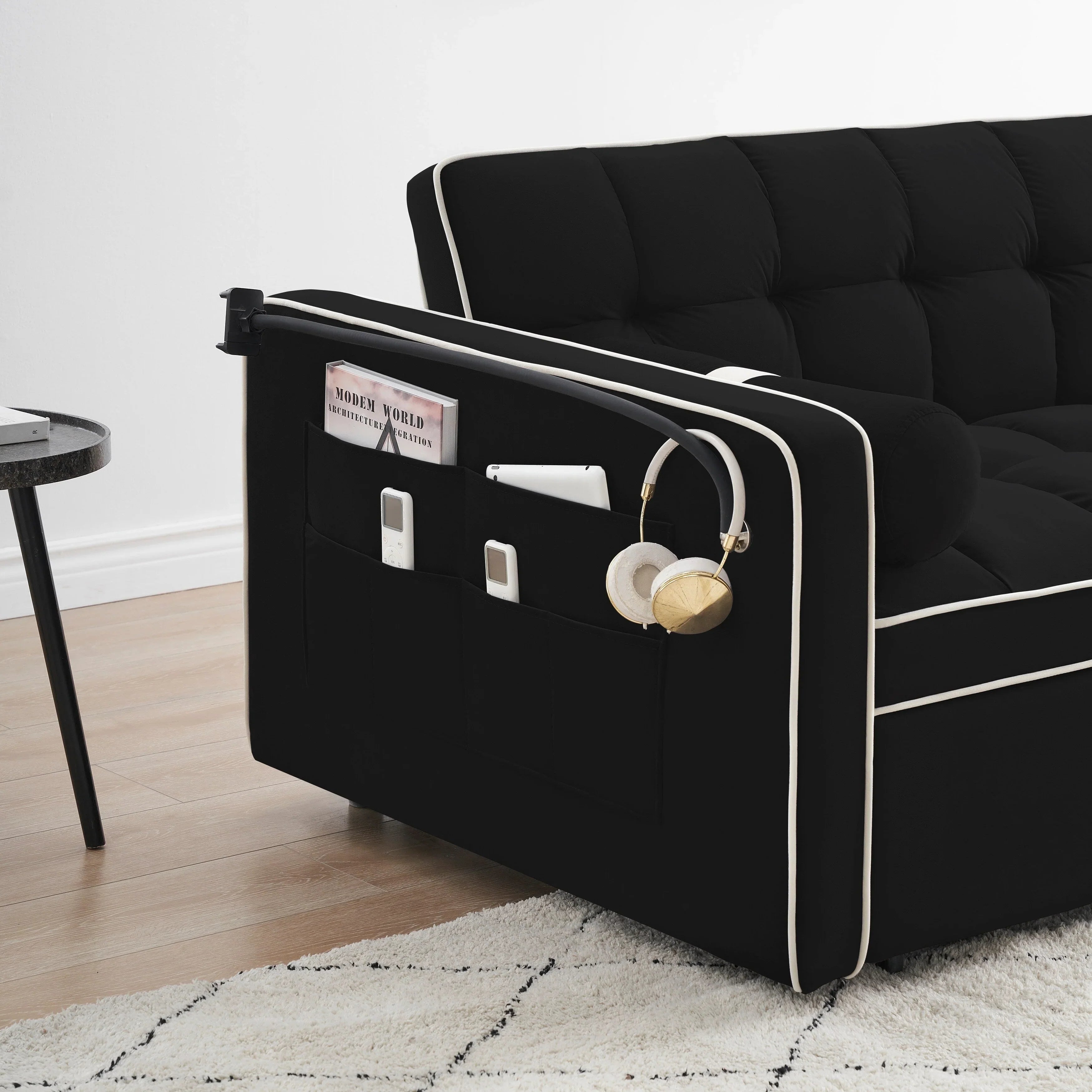 Divano letto trasformabile a 2 posti in velluto da 140 cm con letto estraibile, reclinabile, tasche laterali e supporto per telefono