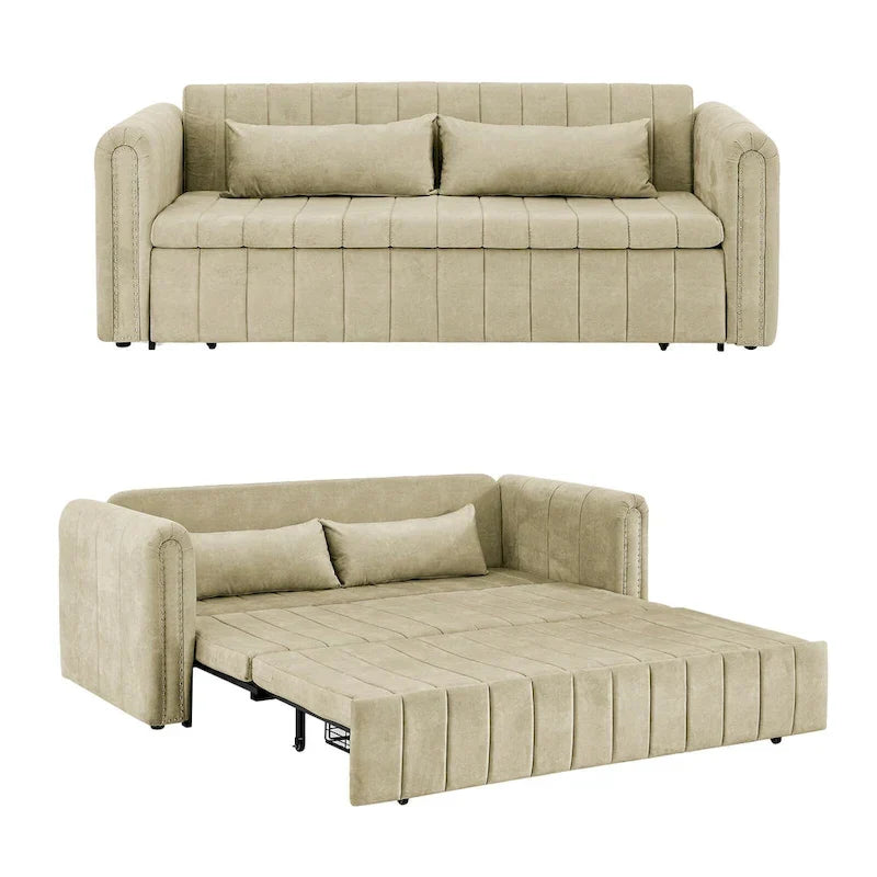 Divano letto moderno convertibile imbottito in velluto con braccioli arrotolati decorati con borchie in rame