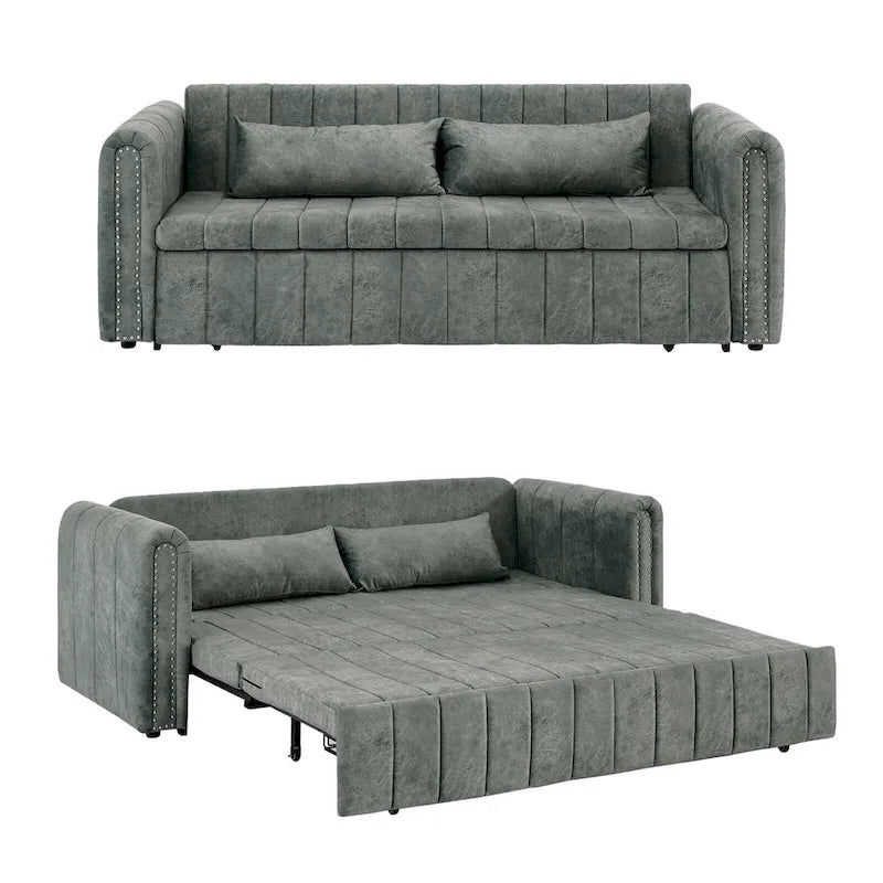 Divano letto moderno convertibile imbottito in velluto con braccioli arrotolati decorati con borchie in rame