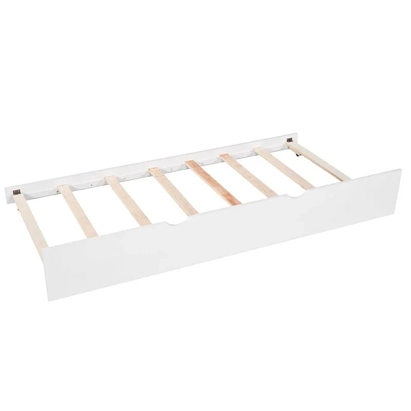 Letto a piattaforma a L moderno bianco per cameretta, dimensioni singole, con letto estraibile e cassetti