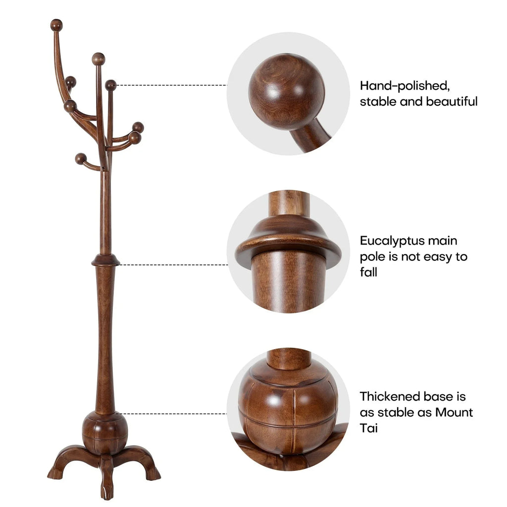 Appendiabiti da terra "ramo d'albero" in legno di gomma con 8 ganci - 24,5L x 70,87H
