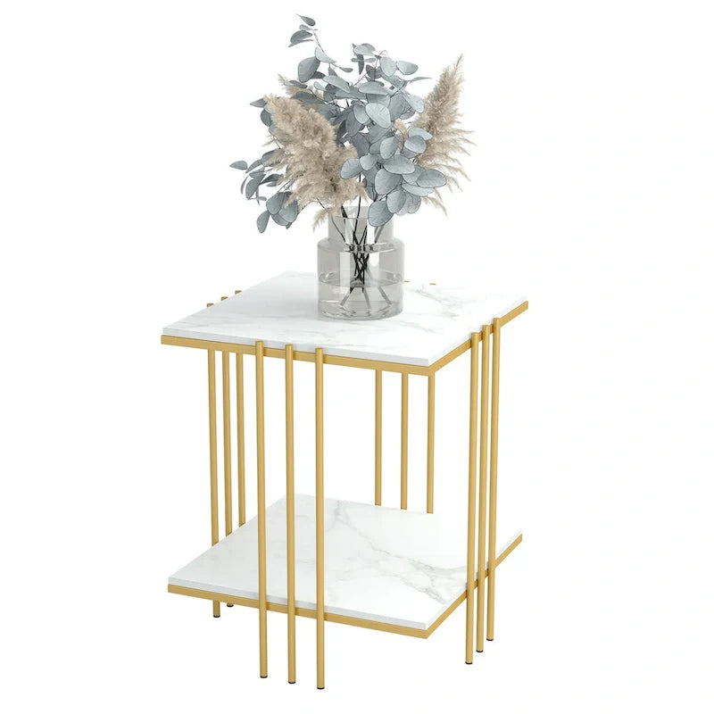 Marble Top Side Table 2 Tier Square Accent End Tables