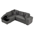 Divano componibile con letto estraibile e pouf contenitore, divano letto convertibile per soggiorno