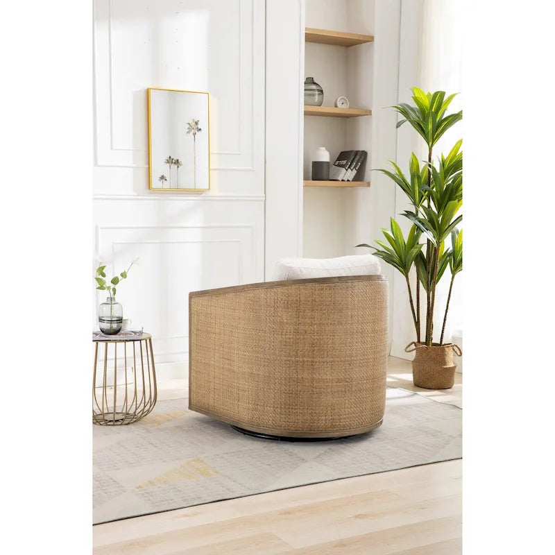 Poltrona a botte girevole, comoda poltrona rotonda d'accento, poltrona club a botte girevole a 360 gradi, poltrona relax con struttura in rattan intrecciato