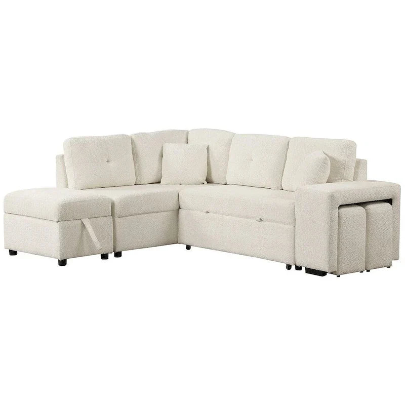 Divano componibile con letto estraibile e pouf contenitore, divano letto convertibile per soggiorno