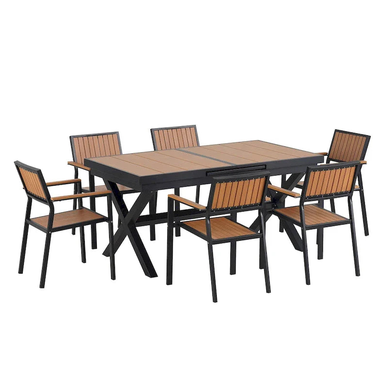 Set da pranzo all'aperto di 7 pezzi con tavolo allungabile e 6 sedie con braccioli