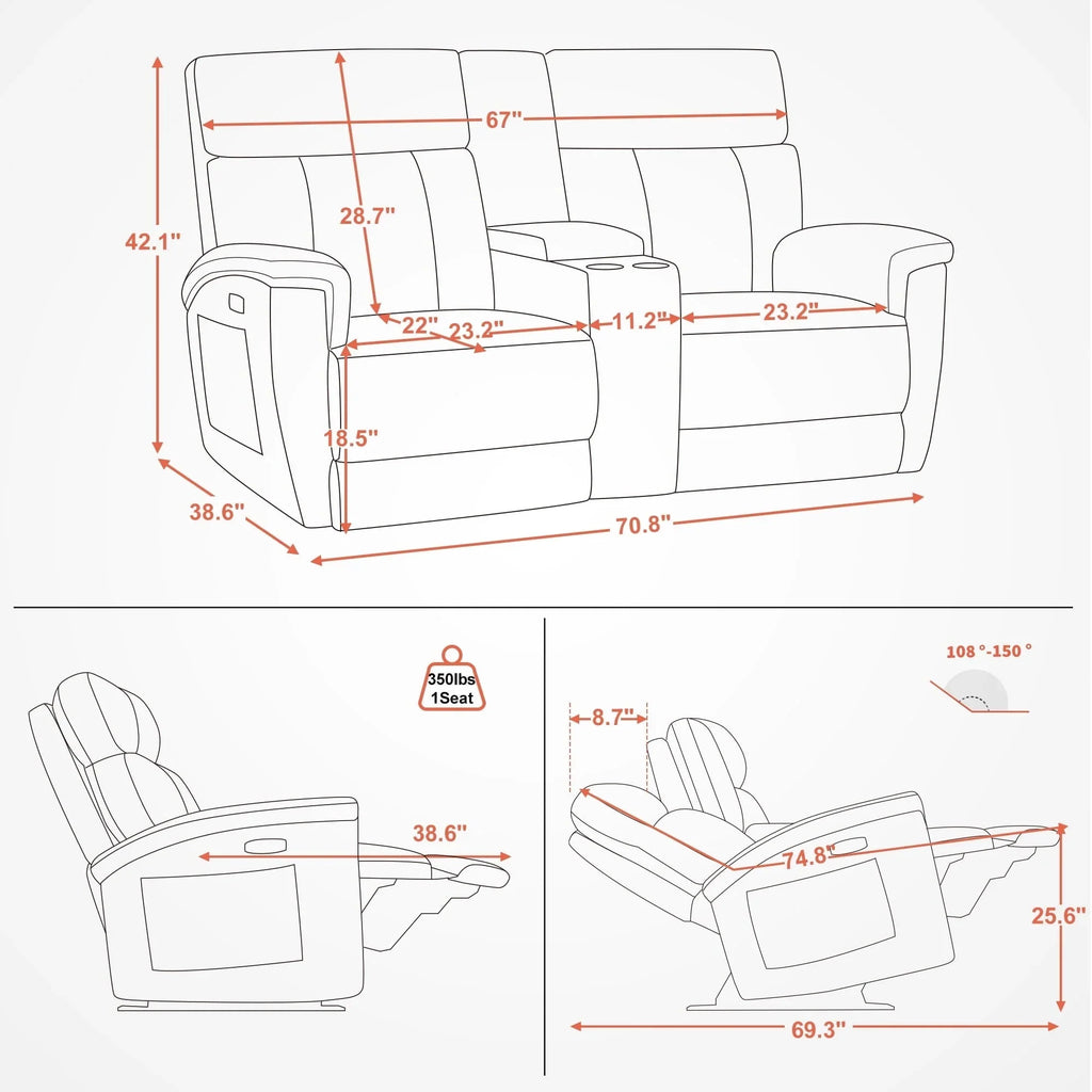 MCombo 60.2 Power Loveseat Recliner Sofa with Massage and Dual Heating, Adjustable Headrest, USB & Type C Port, Fabric