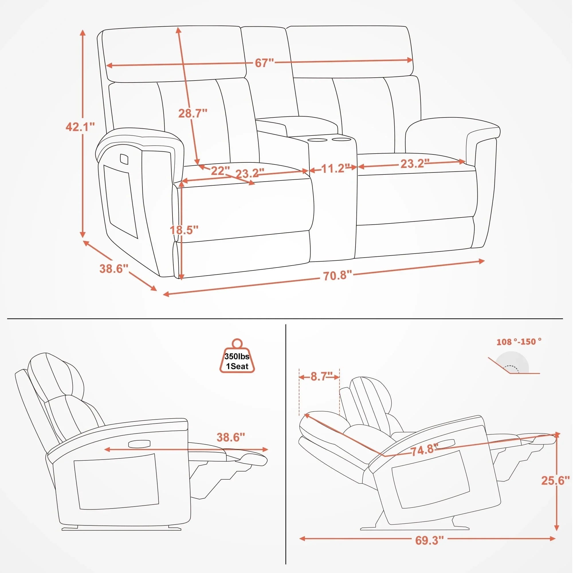 MCombo 60.2 Power Loveseat Recliner Sofa with Massage and Dual Heating, Adjustable Headrest, USB & Type C Port, Fabric