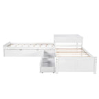 Letto a piattaforma a L moderno bianco per cameretta, dimensioni singole, con letto estraibile e cassetti