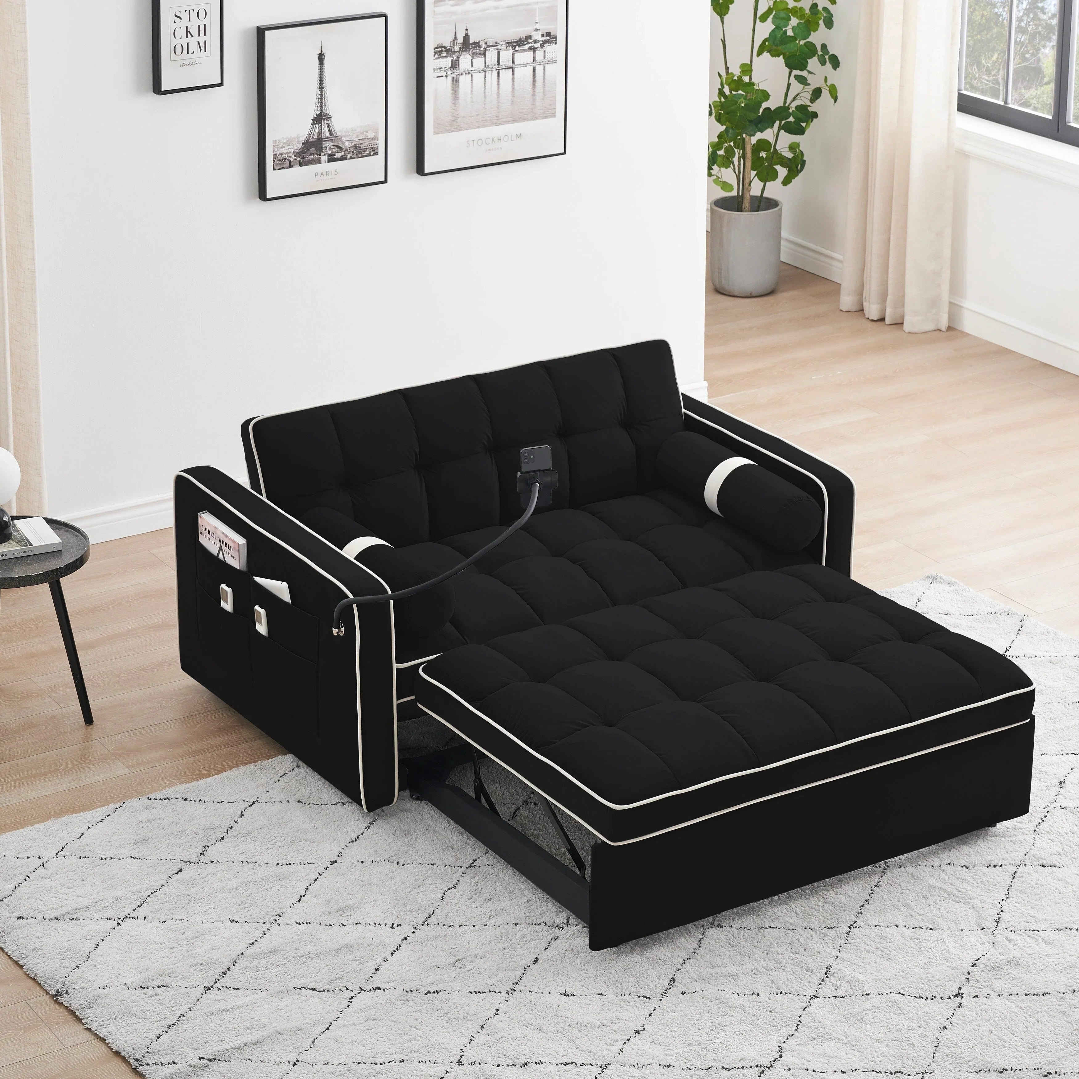 Divano letto trasformabile a 2 posti in velluto da 140 cm con letto estraibile, reclinabile, tasche laterali e supporto per telefono