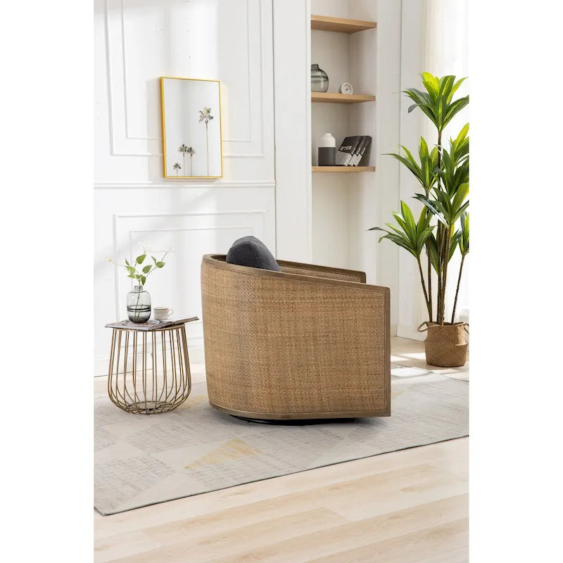Poltrona a botte girevole, comoda poltrona rotonda d'accento, poltrona club a botte girevole a 360 gradi, poltrona relax con struttura in rattan intrecciato