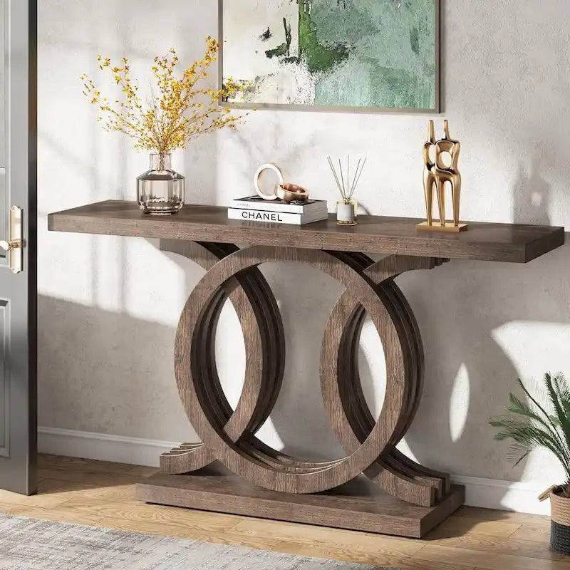Consolle Vintage con Base Geometrica Tavolo da Ingresso in Legno