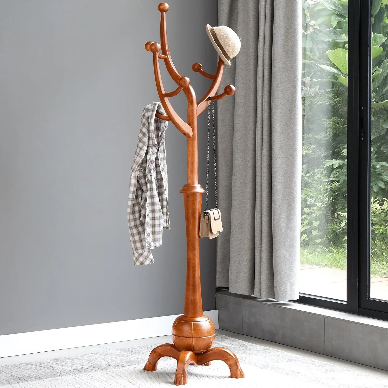 Appendiabiti da terra "ramo d'albero" in legno di gomma con 8 ganci - 24,5L x 70,87H