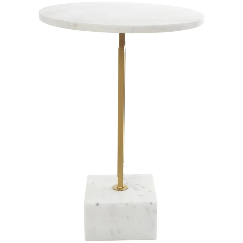 Marble Geometric Side End Accent Table with Gold Metal Rectangular Stand - White