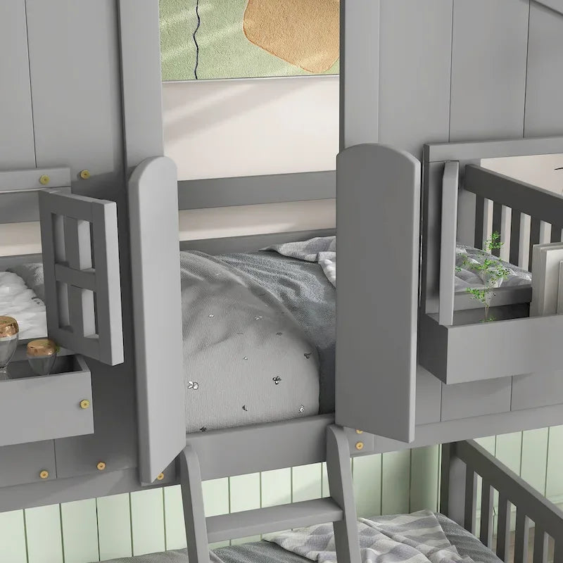 Letto a castello a casetta singolo su singolo con tetto, finestra, fioriera, porta, con sponde di sicurezza e scaletta, Grigio