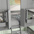 Letto a castello a casetta singolo su singolo con tetto, finestra, fioriera, porta, con sponde di sicurezza e scaletta, Grigio