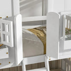 Letto a castello a casetta singolo su singolo con tetto, finestra, fioriera, porta, con sponde di sicurezza e scaletta, Grigio