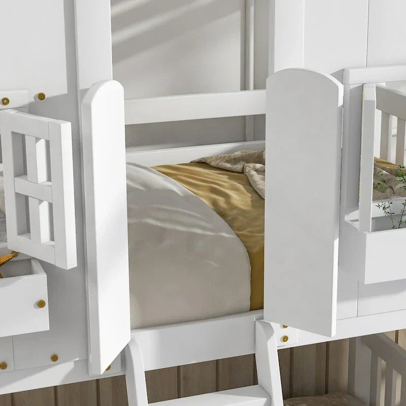 Letto a castello a casetta singolo su singolo con tetto, finestra, fioriera, porta, con sponde di sicurezza e scaletta, Grigio