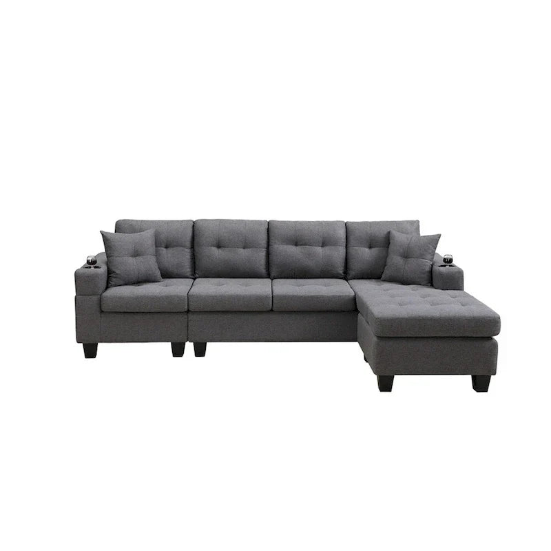Divano componibile da soggiorno con chaise longue a L e portabicchieri