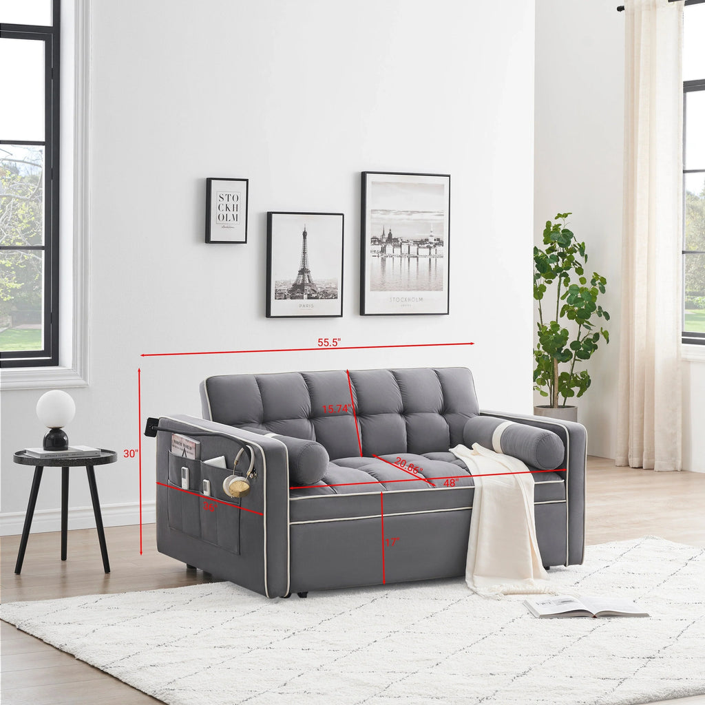 Divano letto trasformabile a 2 posti in velluto da 140 cm con letto estraibile, reclinabile, tasche laterali e supporto per telefono