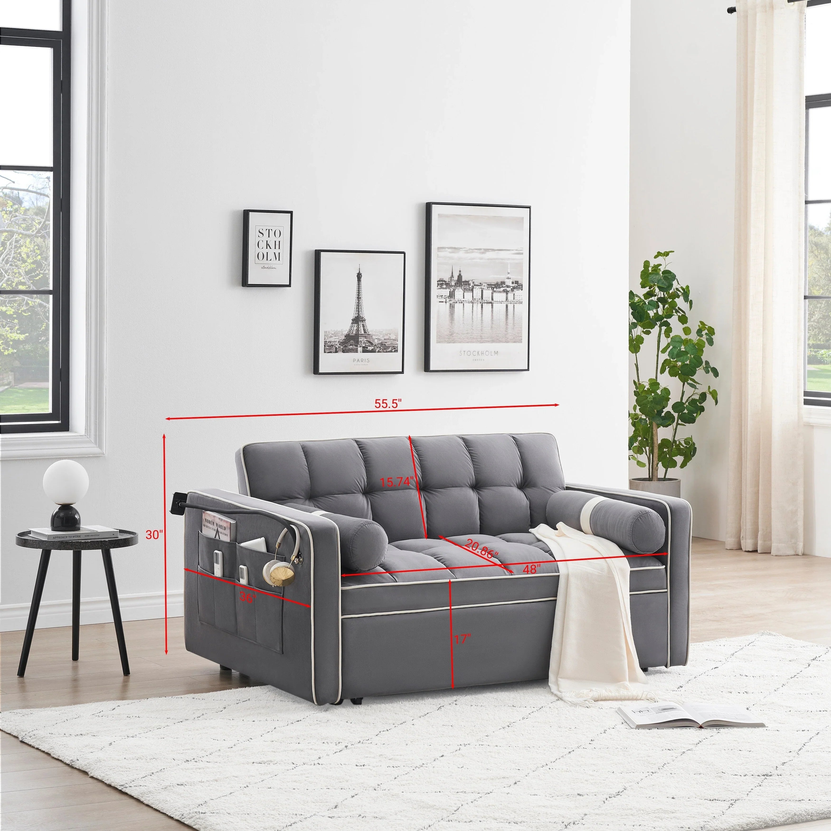 Divano letto trasformabile a 2 posti in velluto da 140 cm con letto estraibile, reclinabile, tasche laterali e supporto per telefono