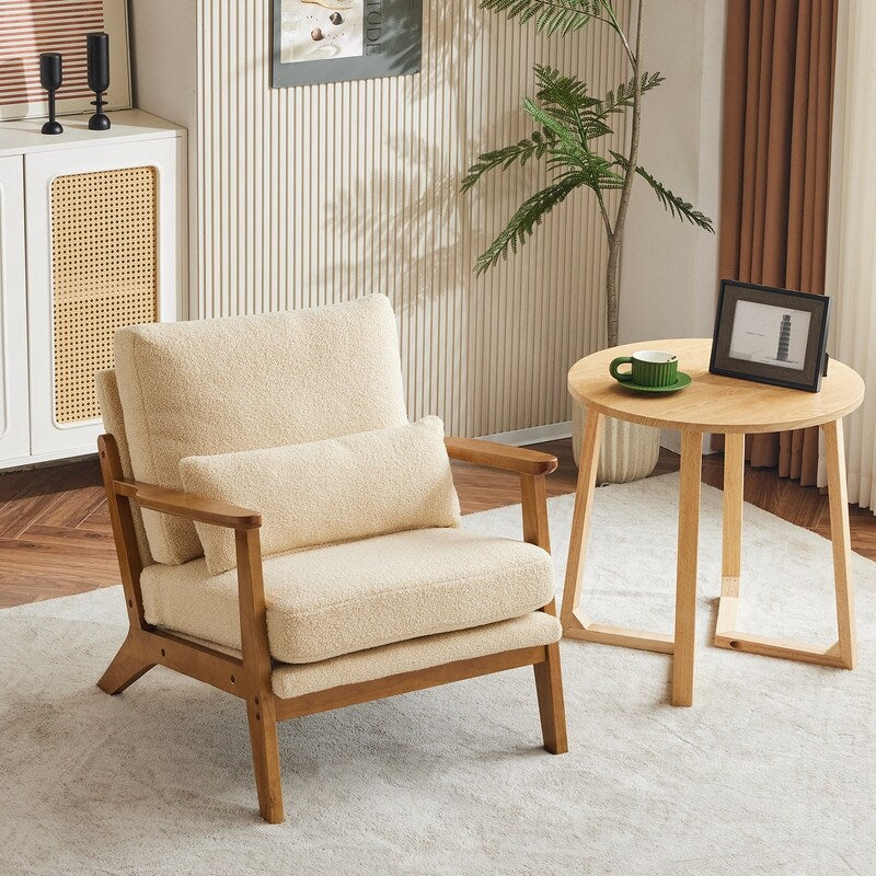Poltrona d'accento rivestita in misto lino con gambe in legno e un cuscino, beige