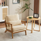 Poltrona d'accento rivestita in misto lino con gambe in legno e un cuscino, beige