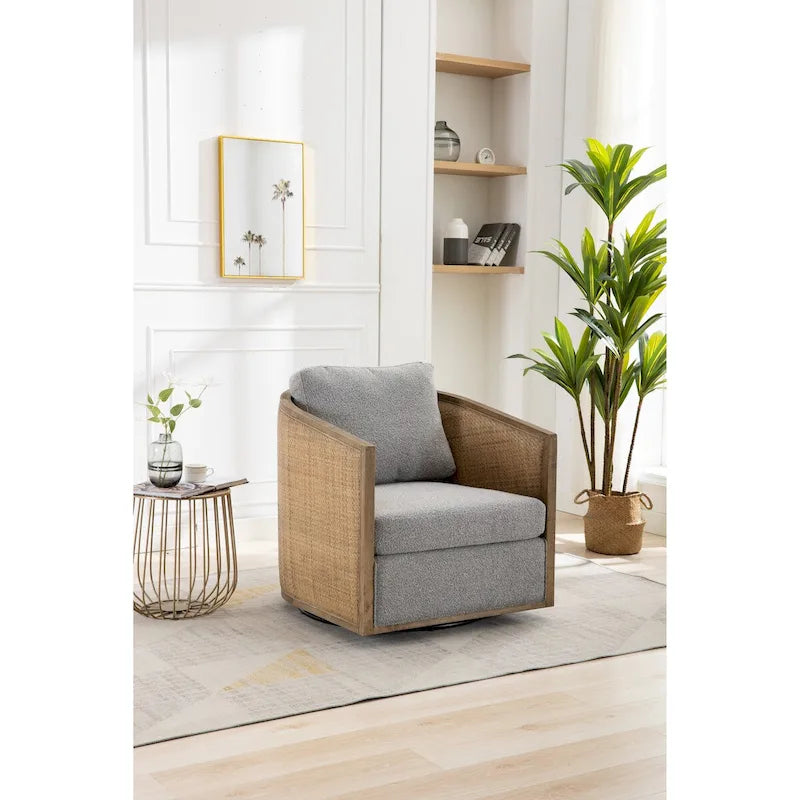 Poltrona a botte girevole, comoda poltrona rotonda d'accento, poltrona club a botte girevole a 360 gradi, poltrona relax con struttura in rattan intrecciato