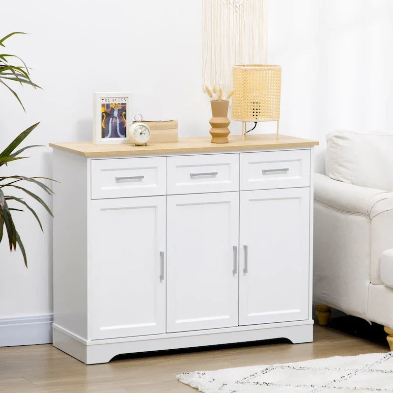 Credenza da Cucina Bianca con 3 Cassetti e Ripiano Regolabile