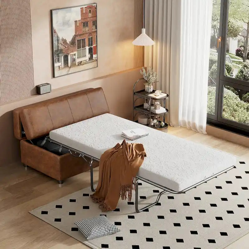 Divano letto pieghevole estraibile a forma di pouf singolo con materasso, letto per gli ospiti convertibile, divano letto rivestito in PU