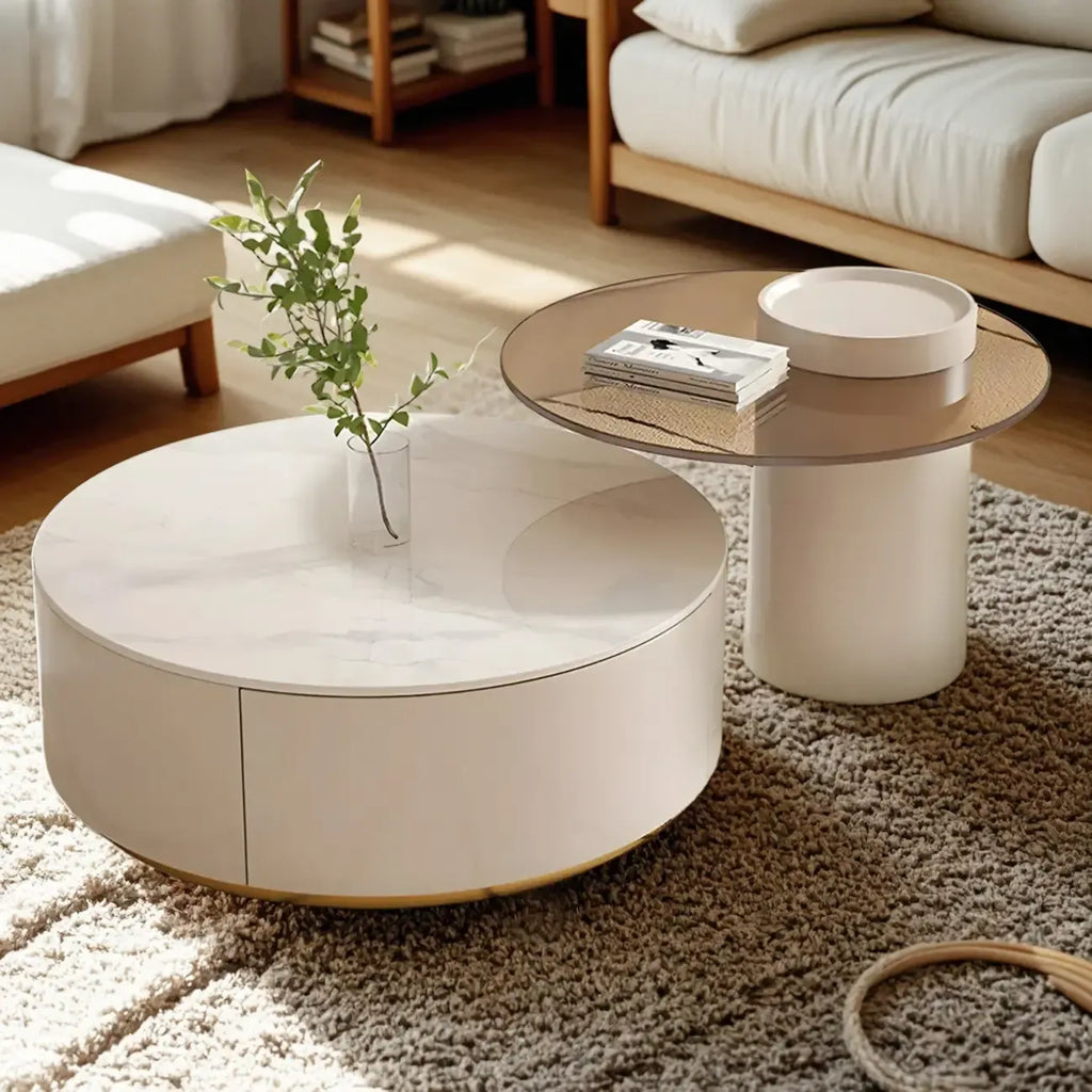 Tavolino da Caffè Rotondo Moderno Bianco in Legno con Cassetto a Tamburo