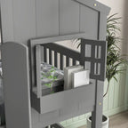 Letto a castello a casetta singolo su singolo con tetto, finestra, fioriera, porta, con sponde di sicurezza e scaletta, Grigio