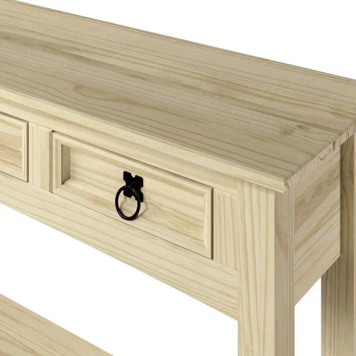 Tavolo Consolle Rustico in Pino Massiccio per Ingresso, Bianco Decapato / Marrone Antico / Grigio Decapato / Non Verniciato, 3 Cassetti