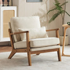 Poltrona d'accento rivestita in misto lino con gambe in legno e un cuscino, beige