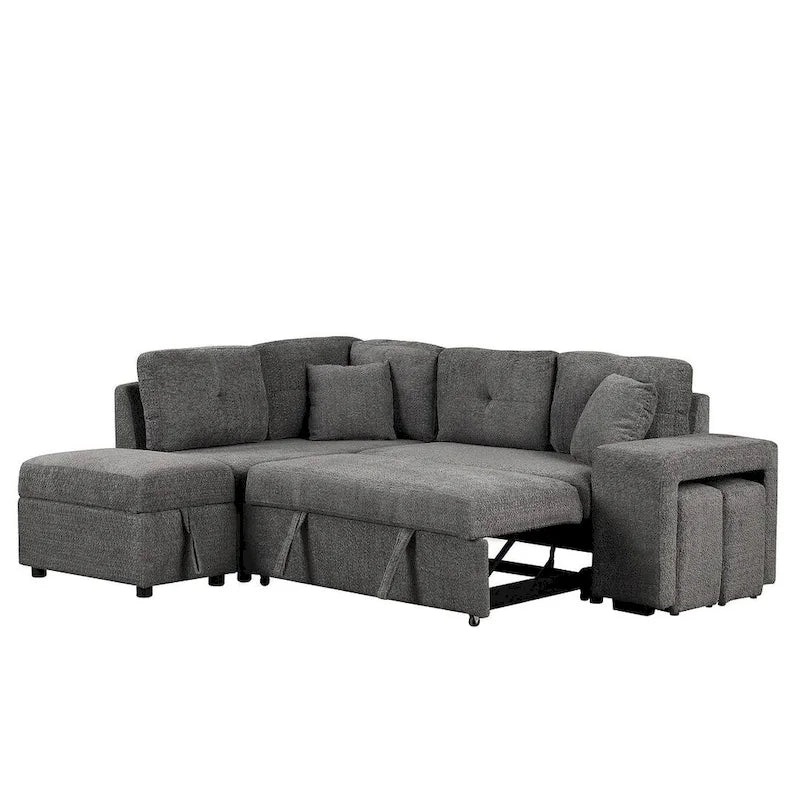 Divano componibile con letto estraibile e pouf contenitore, divano letto convertibile per soggiorno