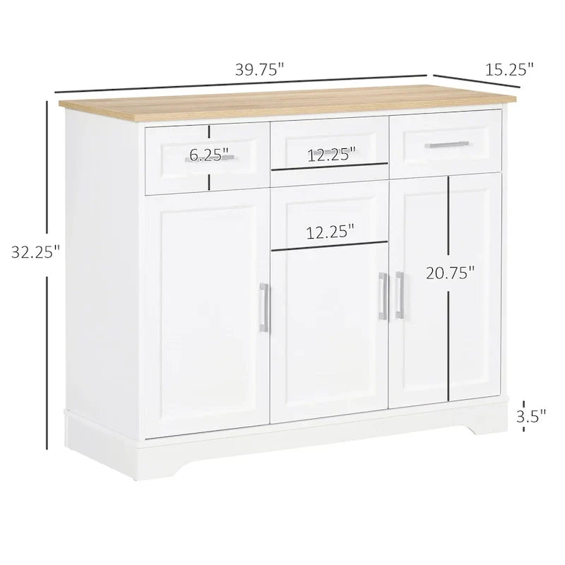 Credenza da Cucina Bianca con 3 Cassetti e Ripiano Regolabile