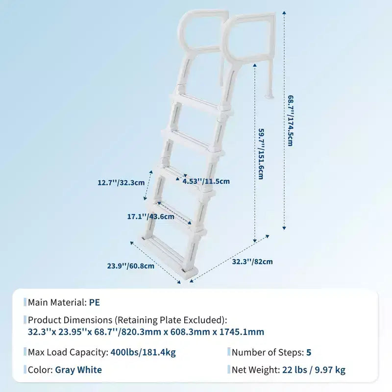Scaletta per piscina per impieghi gravosi a 5 gradini con doppio corrimano, gradini in PE antiscivolo robusti, capacità 180 kg, adatta per piscine interrate e fuori terra da 122-137 cm