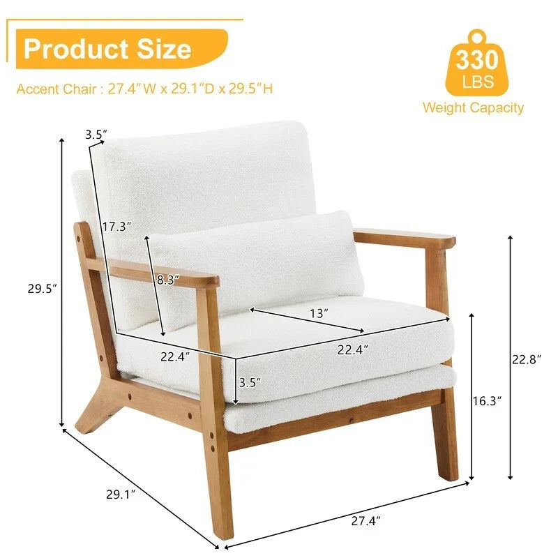 Poltrona d'accento rivestita in misto lino con gambe in legno e un cuscino, beige