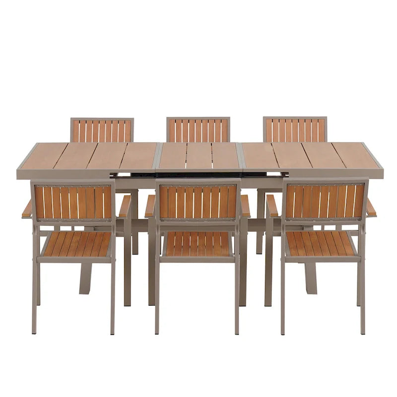 Set da pranzo all'aperto di 7 pezzi con tavolo allungabile e 6 sedie con braccioli