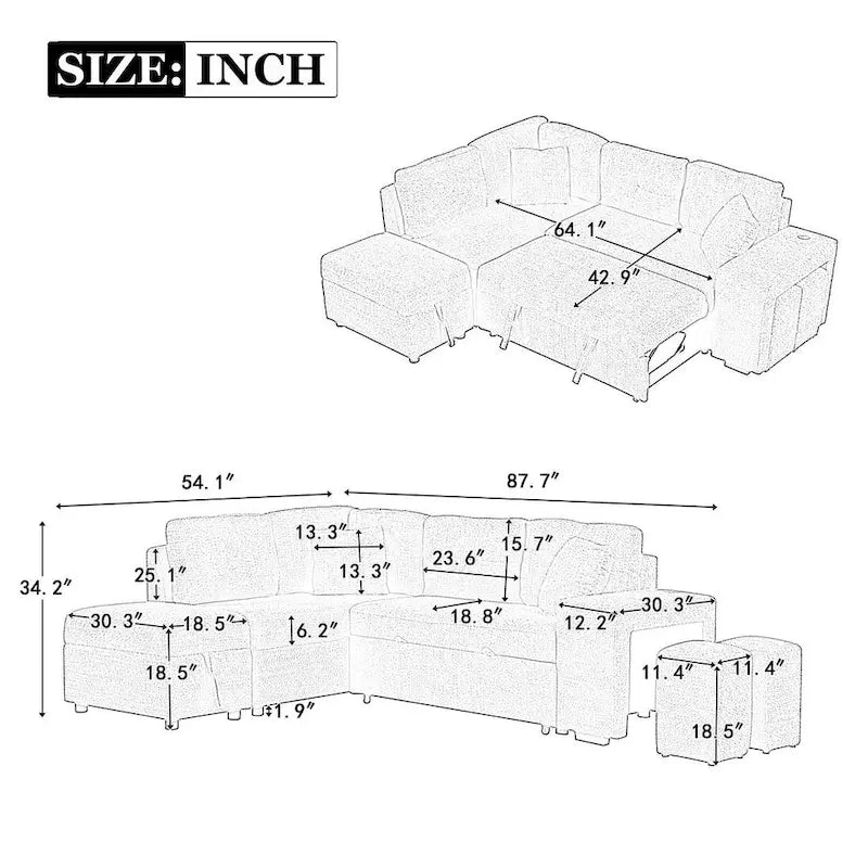 Divano componibile con letto estraibile e pouf contenitore, divano letto convertibile per soggiorno