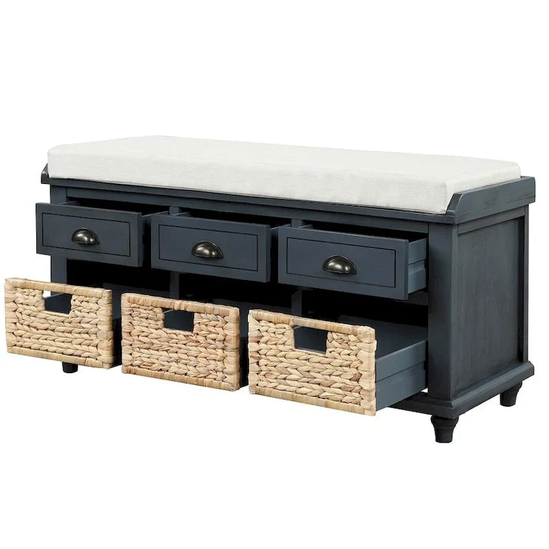 Panca rustica contenitore con 3 cassetti e 3 cesti in rattan, panca portascarpe per soggiorno, ingresso