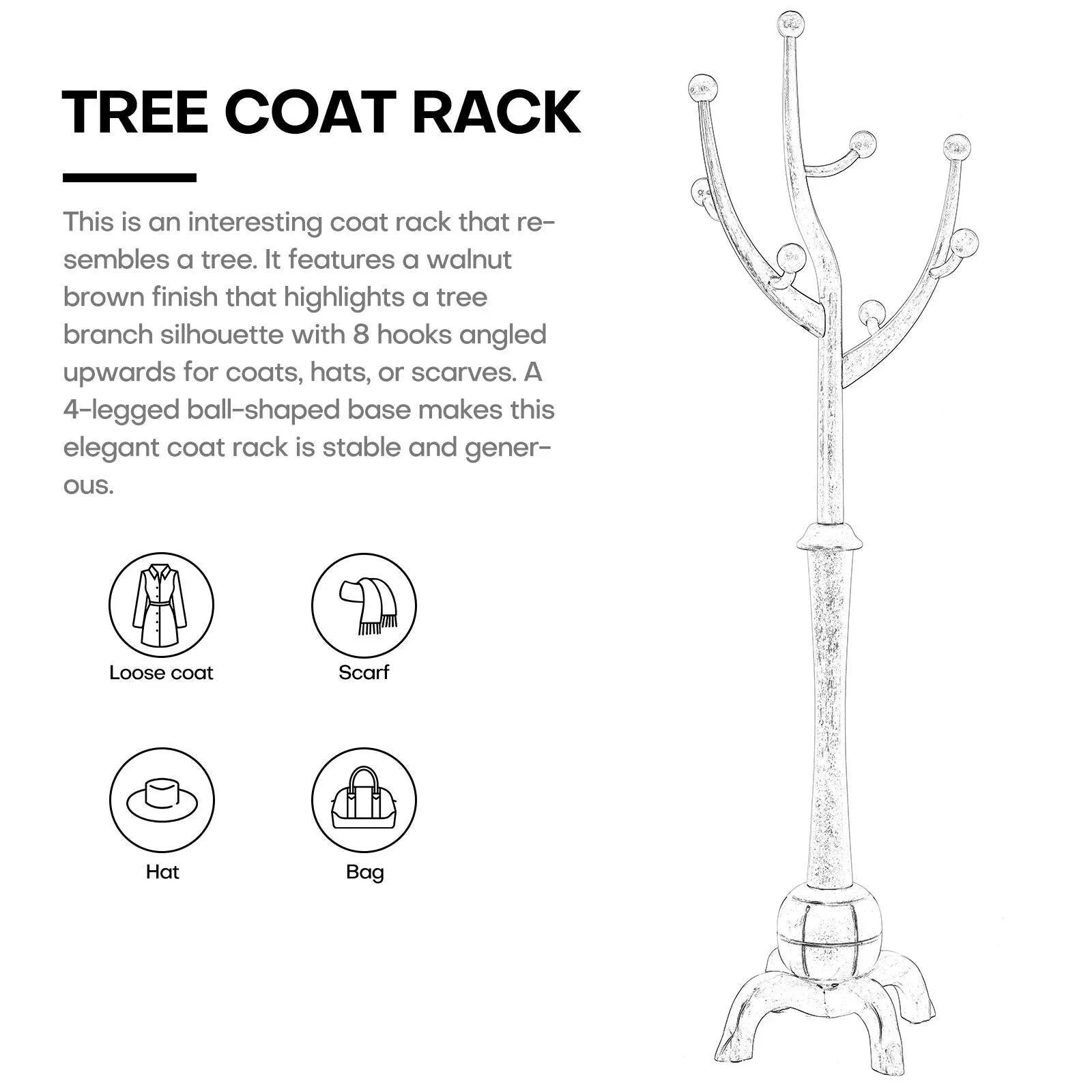 Appendiabiti da terra "ramo d'albero" in legno di gomma con 8 ganci - 24,5L x 70,87H