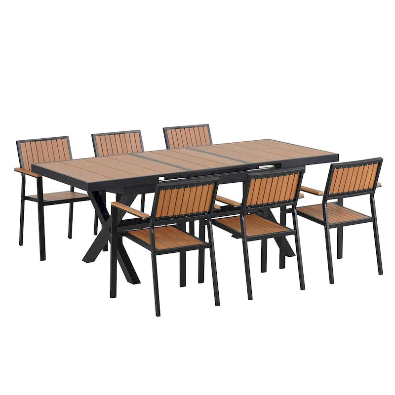 Set da pranzo all'aperto di 7 pezzi con tavolo allungabile e 6 sedie con braccioli