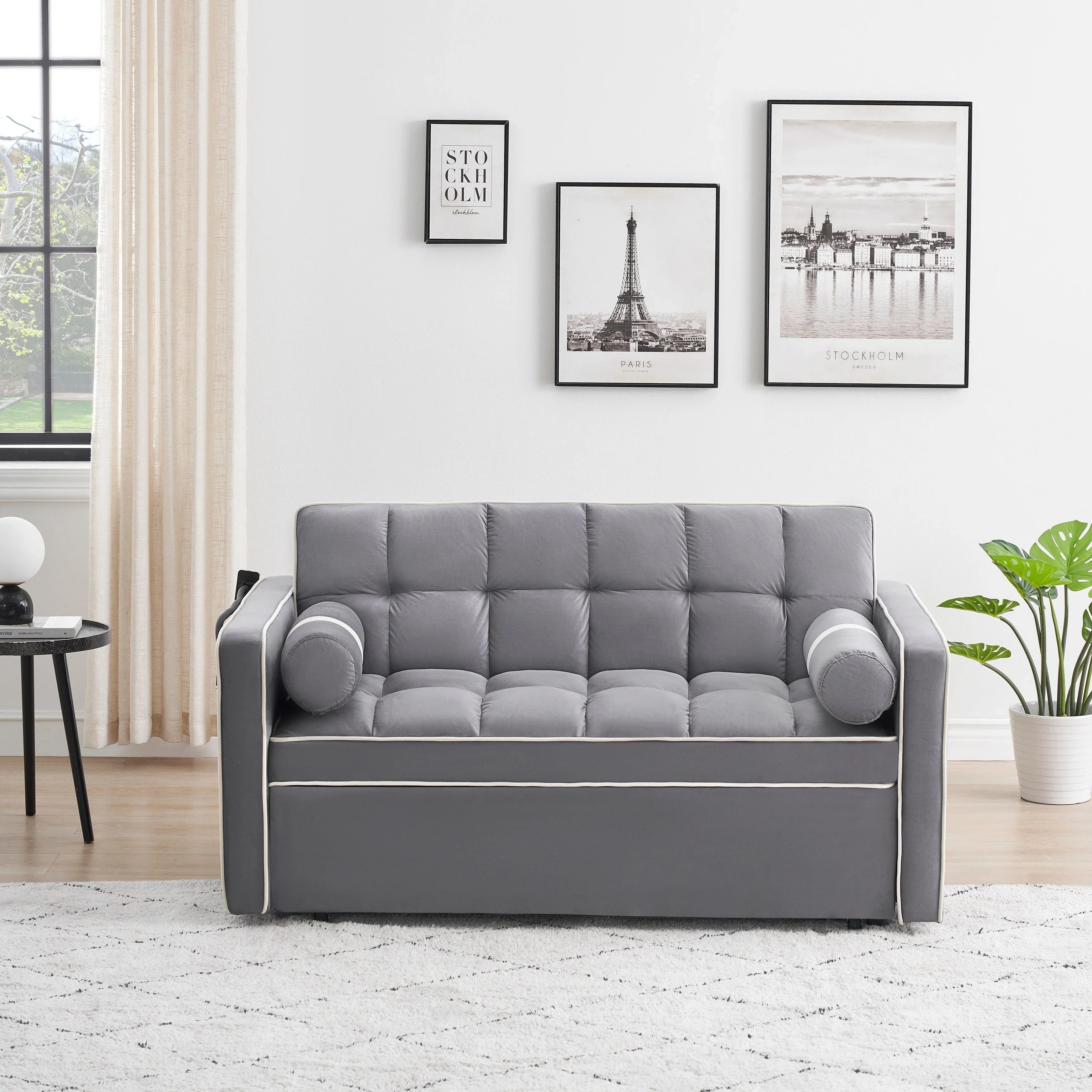 Divano letto trasformabile a 2 posti in velluto da 140 cm con letto estraibile, reclinabile, tasche laterali e supporto per telefono